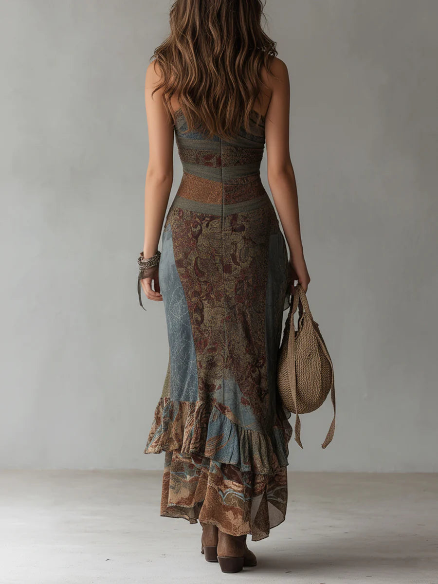 Elena – Asymmetric One-Shoulder Maxi Dress with Ethnic Print and High Slit