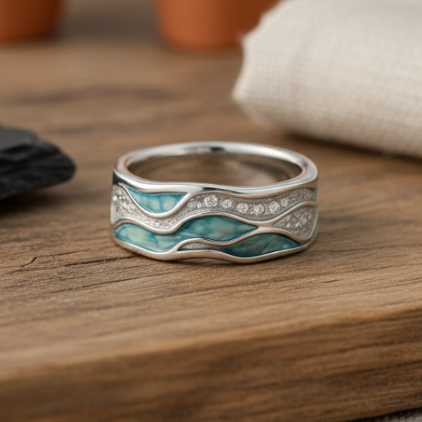 TIDEA – Turquoise Silvered Waves Ring
